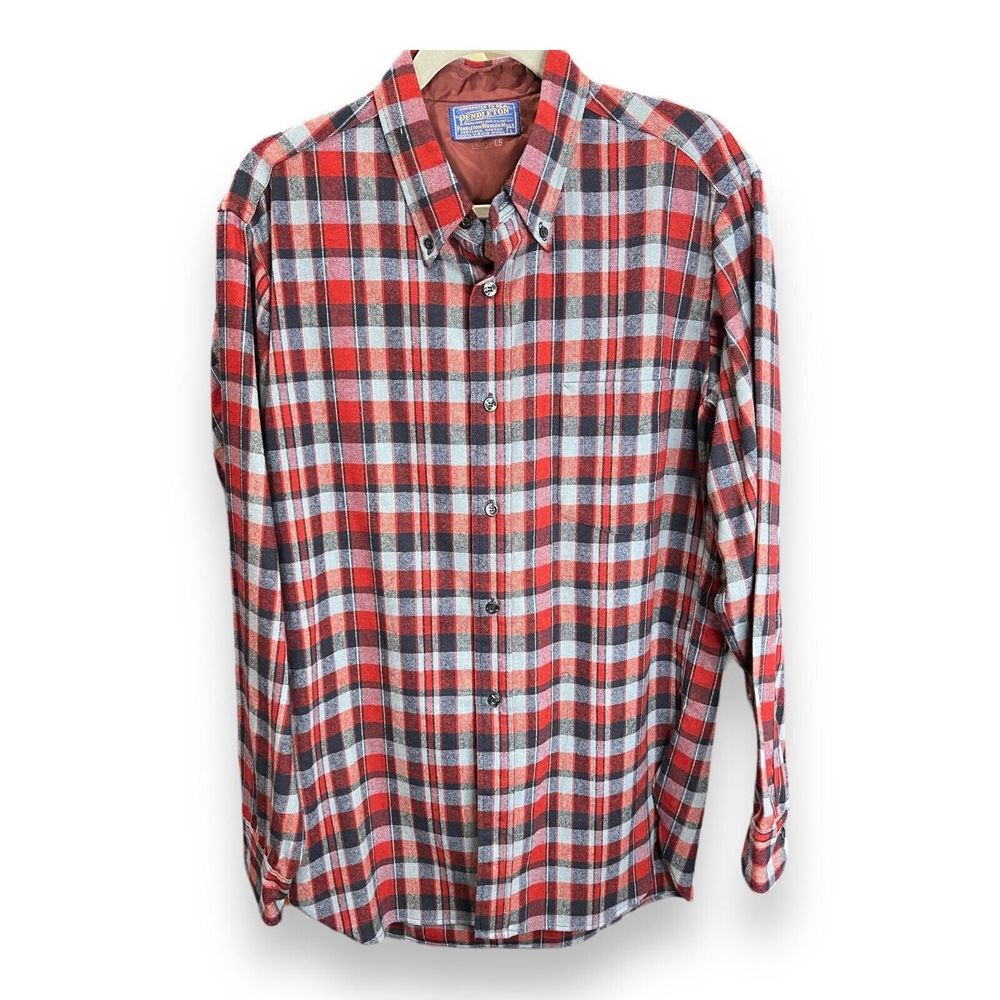 Vintage Pendleton Virgin Wool Flannel Red Plaid‎ Long Sleeve Made In USA Size L